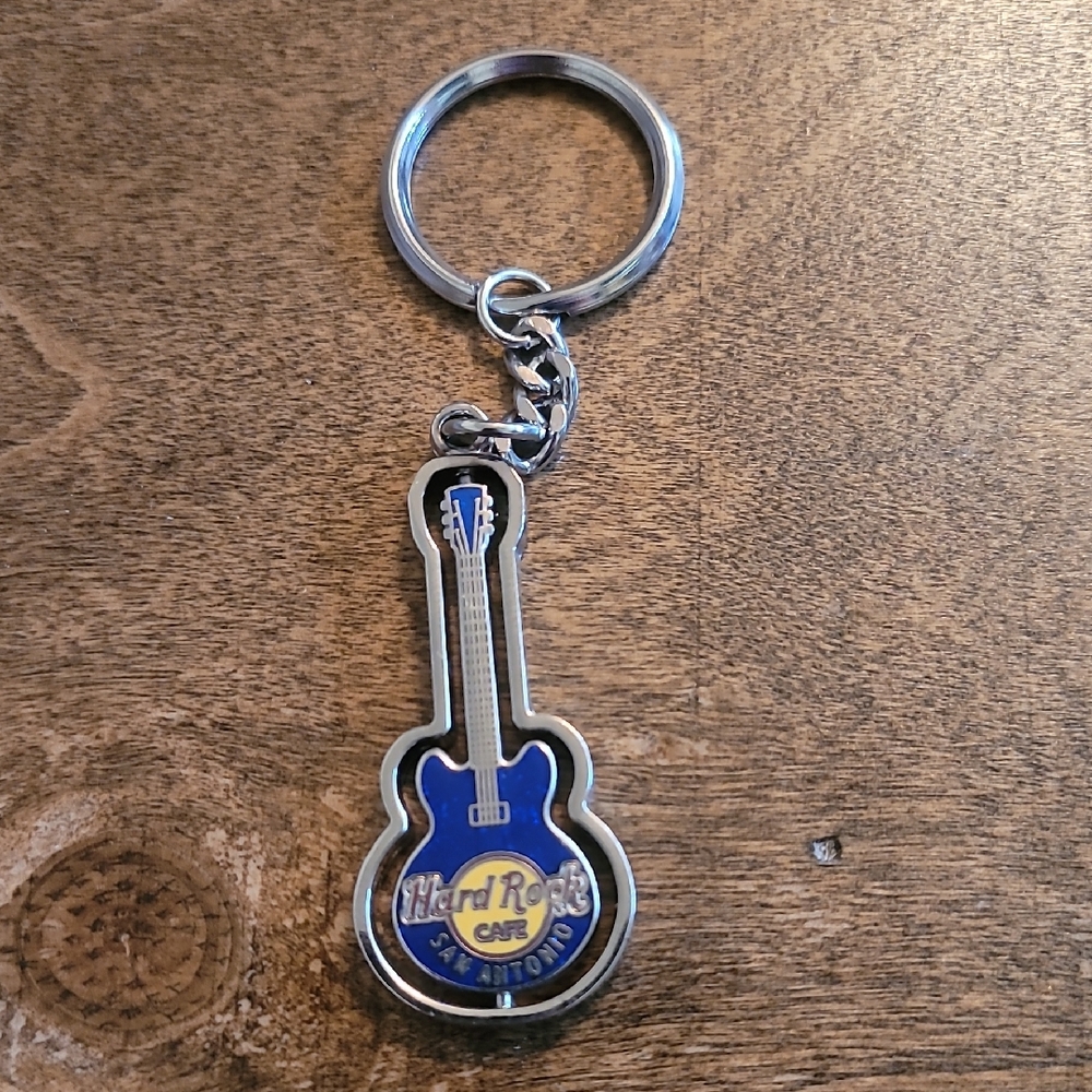 Hard Rock Cafe Blue and Silver Guitar Keychain